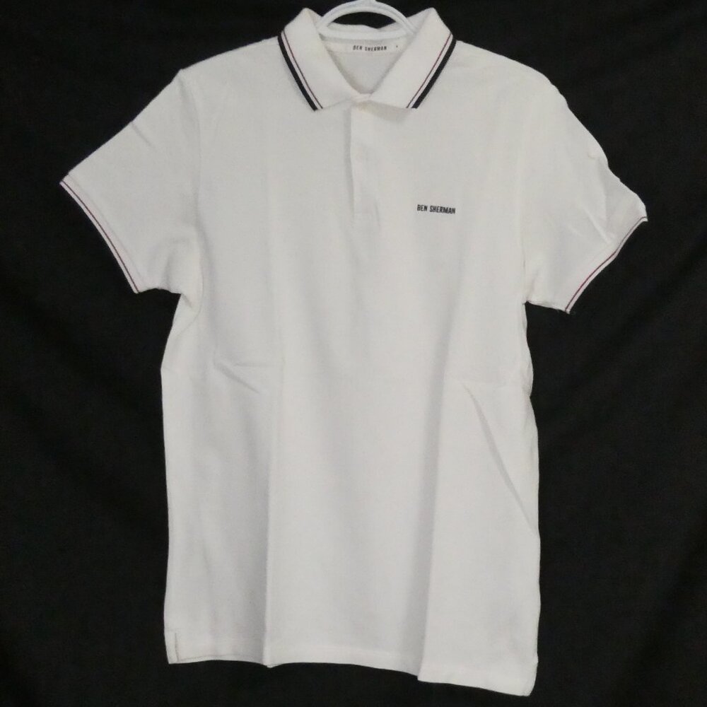 BEN SHERMAN | medium | White Polo Shirt | Black & Burgundy Striped Collar & Cuff